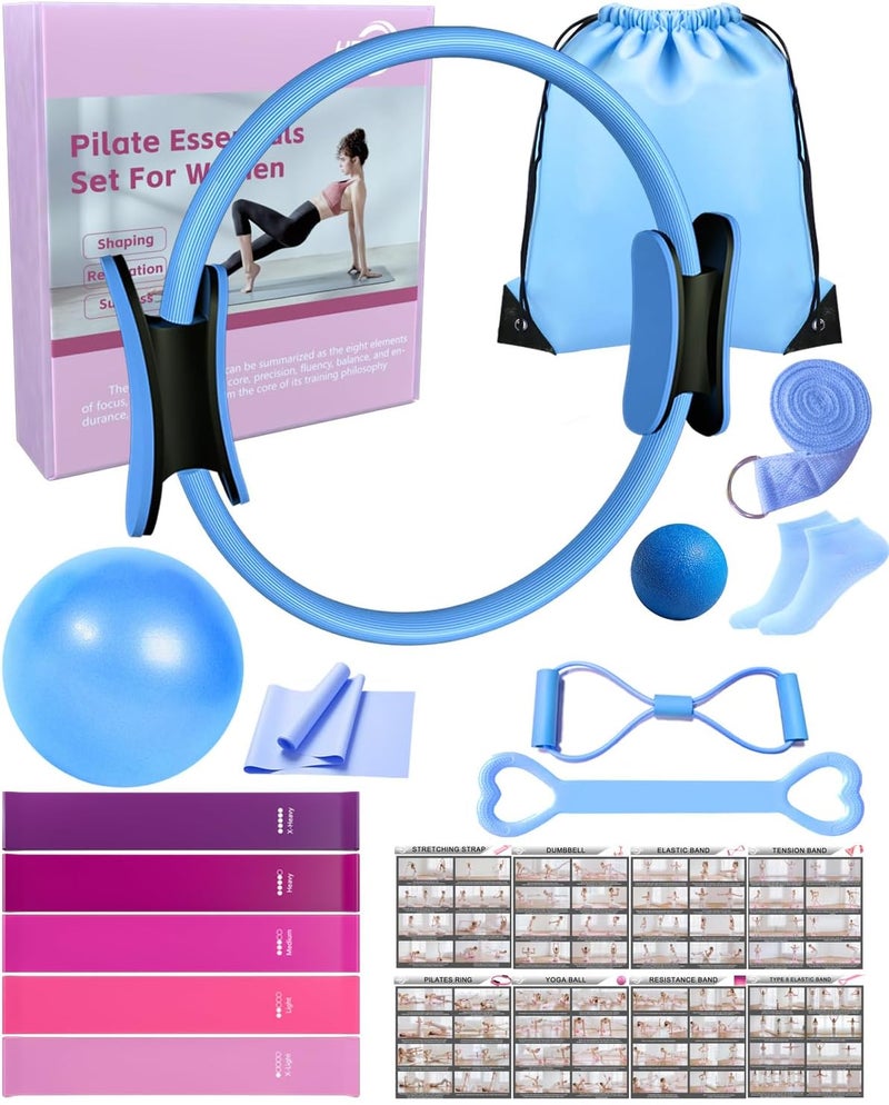 KABCON Pilates Kit for Home, Women Beginners Workout Essentials Set with 13" Ring, 9.8" Ball, Resistance Bands & Guide, 13/14/16 PCS Compact Pilates Equipment - Image 1